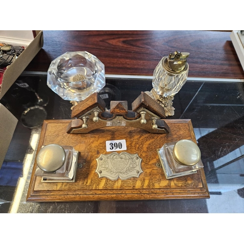 390 - Edwardian Oak Presentation Desk stand with matching inkwells and Decorative Silver plated Desk ashtr... 