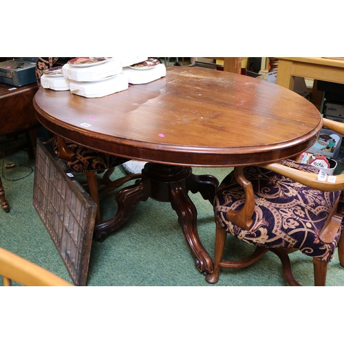 420 - Victorian Mahogany Oval tilt top dining table on 4 Carved legs & Set of 4 Early 19thC Chairs