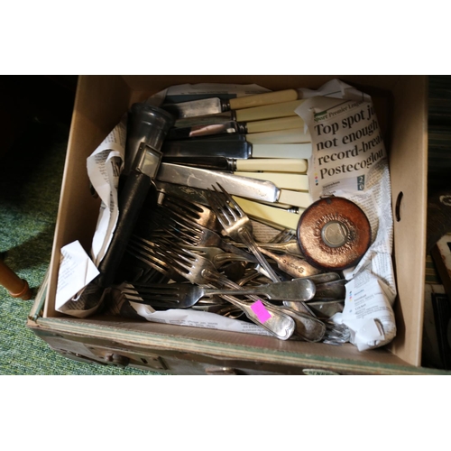 113 - Case of assorted Bygones to include Ostrich Egg, Vintage Measure, Flatware, Tiles and Rackets