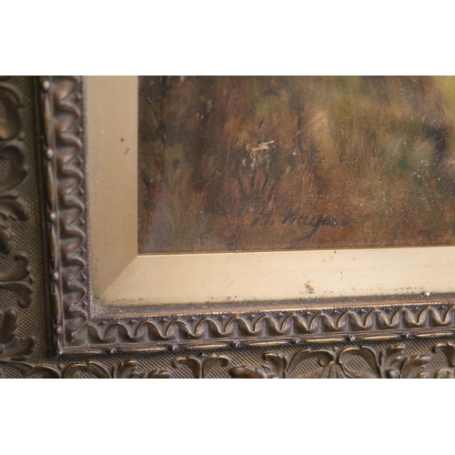 129 - Gesso framed  Oil on board of a Countryside scene signed M Hayes