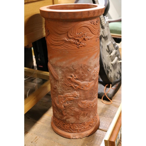 294 - Large Cylindrical Terracotta Chinese umbrella vase with Dragon decoration