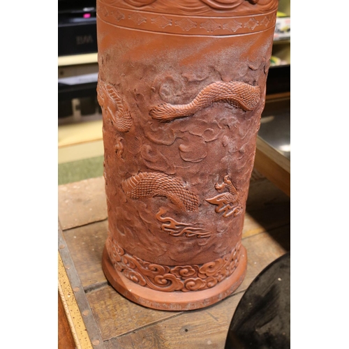 294 - Large Cylindrical Terracotta Chinese umbrella vase with Dragon decoration