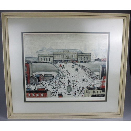 L S Lowry "Station Approach" Signed Edition of 850. Signed in pencil lower right. Guild blind stamp. Framed 67cm by 77cm. Another listed on eBay for £5,400 and gallery prices £5,500. This painting shows the approach to Exchange Station in Manchester, and combines several characteristic elements of his work. Lowry chose to depict the city centre rather than the factories and terraced houses of an industrial area, but the somewhat detached view of a frenetic, bustling crowd is a common feature of his work. He portrayed the scene in typically simple black outlines, contrasted against expanses of white and buildings painted in red, grey and ochre.
The heavy sky is tinged with grey, partially obscuring the background landmarks, including the tower of Strangeways Prison on the right.

Fond of saying 'I only paint what I see, you know', Lowry nevertheless habitually painted in his studio from memory or imagination. He first depicted the
approach to Exchange Station in 1960, repeating the same view for this work. His interpretation of the architecture of the station facade varies in each
case and he took particular liberties with the statue of Oliver Cromwell that stood at the junction, transforming it into a light-hearted figure directing
the traffic. Exchange Station was built in 1884 but closed in 1969 and has since been demolished.