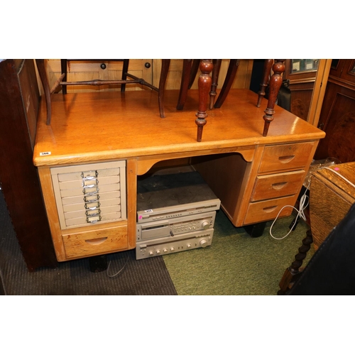 566 - Vintage Mid Century Oak Desk with Metal Drawers later fitted