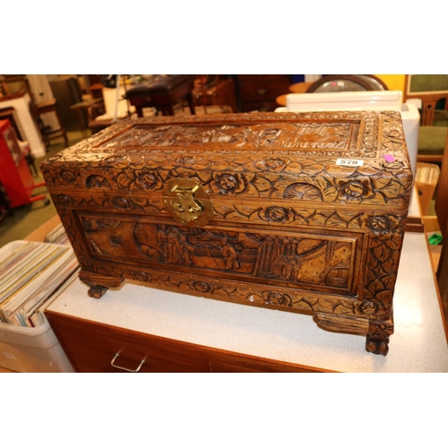 570 - Carved Asian Blanket box with Brass metal fittings over paw feet