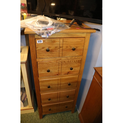 572 - Modern Oak Narrow chest of 5 Drawers