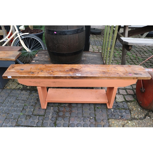 580 - Pine Stained Bench with painted trestle base