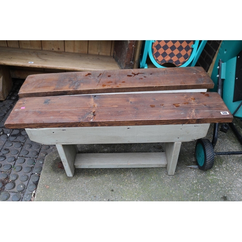 586 - Pair of Pine Stained benches with Painted Trestle bases