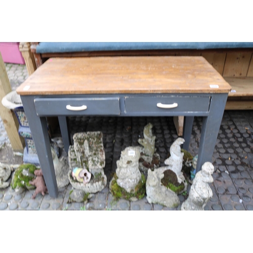 589 - Vintage Stained top kitchen two drawer table with painted base