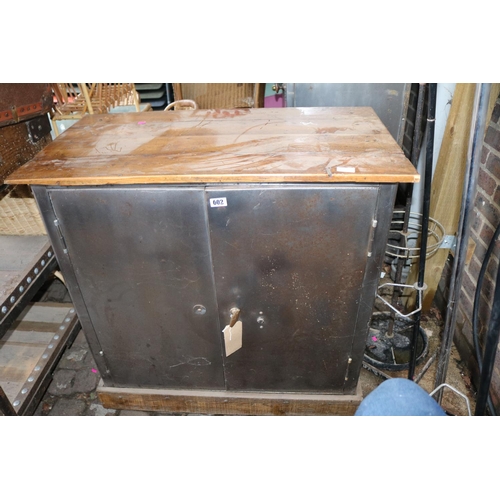 602 - 2 Door Stripped Metal Chemical Cabinet with Stained wooden planked top