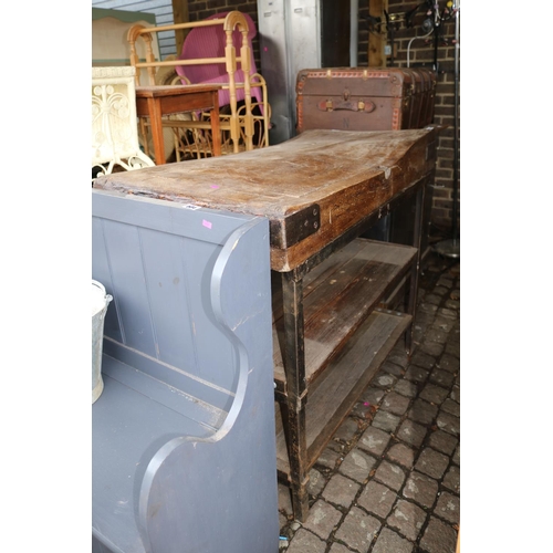 603 - Antique Elm topped 19thC Butchers Block with Metal binding over Heavy Metal welded base