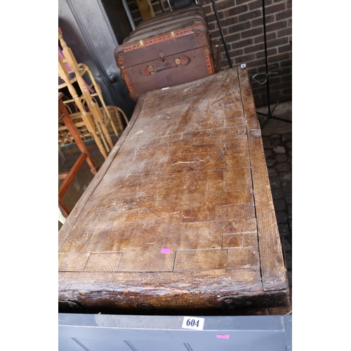 603 - Antique Elm topped 19thC Butchers Block with Metal binding over Heavy Metal welded base