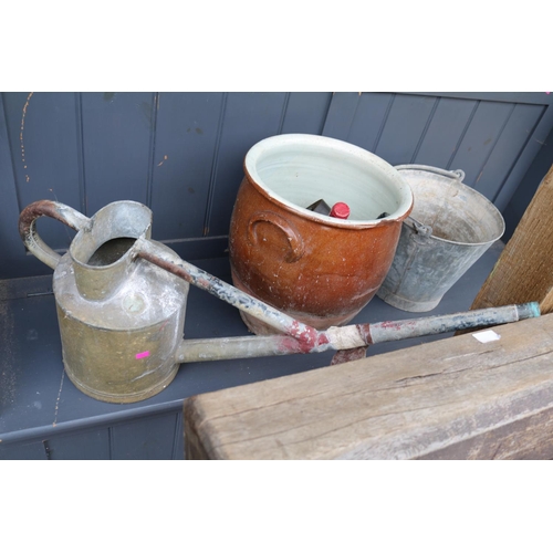 605 - Galvanised watering Can, Galvanised Bucket and a pickling jar