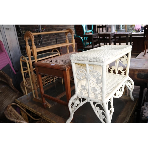 608 - Pine Towel Rail, Caned seat, Caned Magazine rack and a Wicker Painted conservatory shelf unit