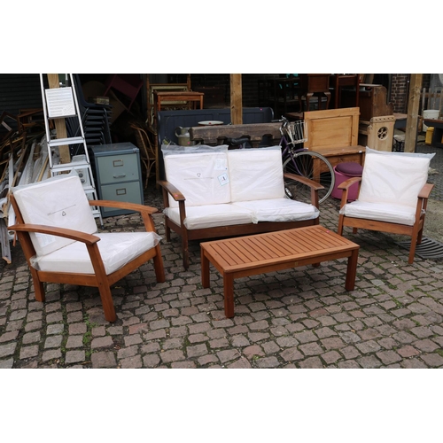 617 - Good Quality Hardwood 3 Piece Garden sofa suite with removable cushions and slatted coffee table