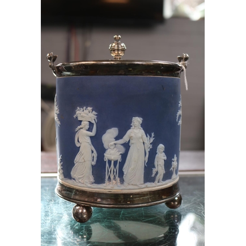 70 - 19th century Wedgwood Jasperware biscuit barrel with Silverplated metal fittings, decorated with The... 