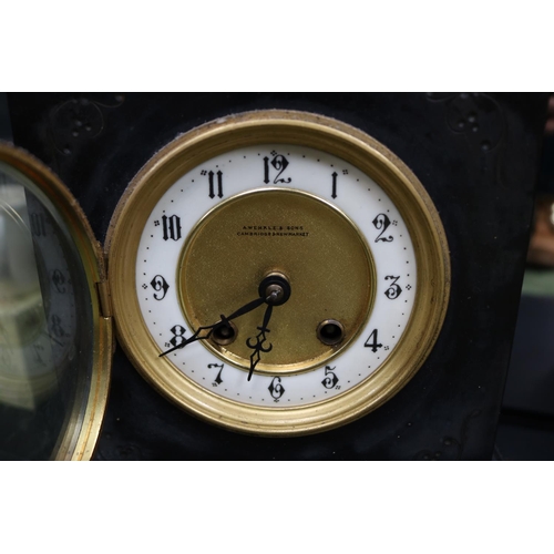 74 - 19thC Belgian Slate clock with inset marble A Wehale & Sons of Cambridge with numeral dial