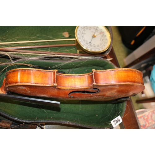 266 - Antique Violin in case stamped Stainer with 2 Bows