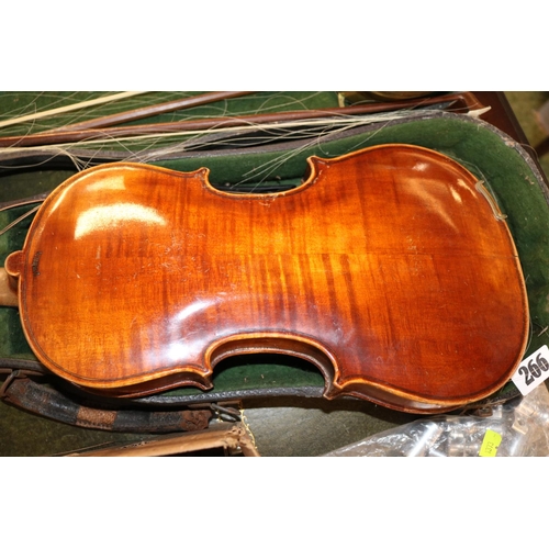 266 - Antique Violin in case stamped Stainer with 2 Bows