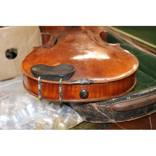 266 - Antique Violin in case stamped Stainer with 2 Bows