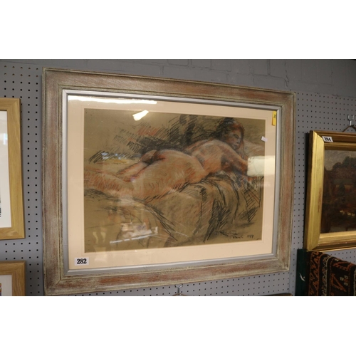 282 - Framed Pastel of laying Nude study signed J Prentice dated 1987. 54 x 57cm