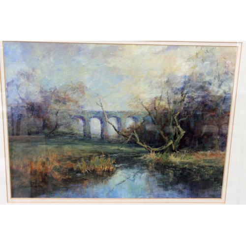 336 - The Viaduct, Winter Light 1991 framed oil by the renowned Hertfordshire artist Kathleen M Downing. S... 