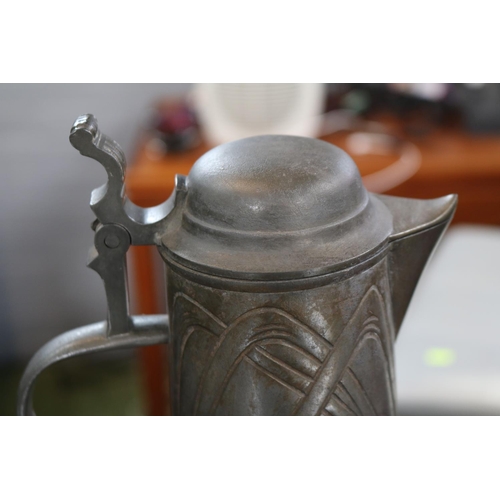 89 - Antique Bingit Zinn Pewter Jugendstil lidded Ewer with stamped marks to base 27cm in Height