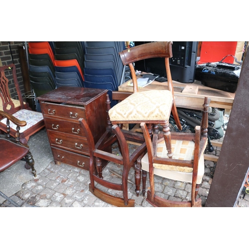 585 - 5 19thC Mahogany chairs and a 4 drawer chest with brass drop handles