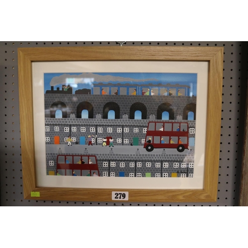 274 - Gordon Barker (English Naïve school) Acrylic on paper depicting Buses and Train, 35 x 23cm.