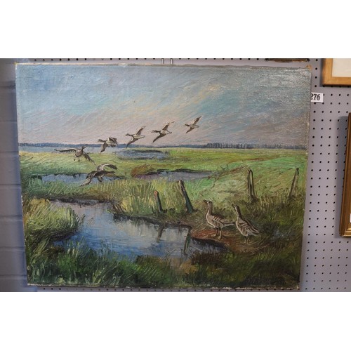 275 - Oil on canvas depicting Geese in flight against Marshland, indistinctly signed to bottom right 63 x ... 