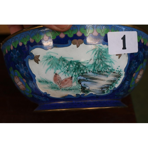 1 - Pair of Late 19thC /Early 20thC Cloisonne geese of two parts with a Chinese Circular Cloisonné panel... 