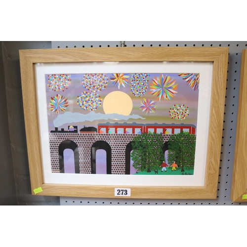 273 - Gordon Barker (English Naïve school) Acrylic on paper depicting Train crossing bridge with Fireworks... 