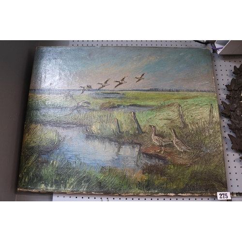 275 - Oil on canvas depicting Geese in flight against Marshland, indistinctly signed to bottom right 63 x ... 