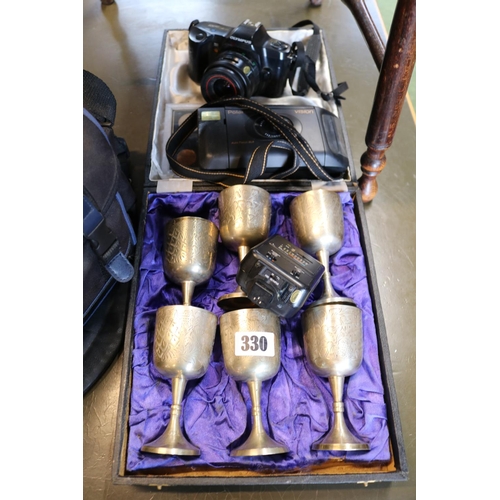 330 - Cased Set of Silver plated goblets and assorted Cameras