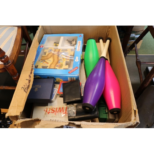 331 - Box of assorted Vintage Games and bygones & wooden box with assorted dress making items