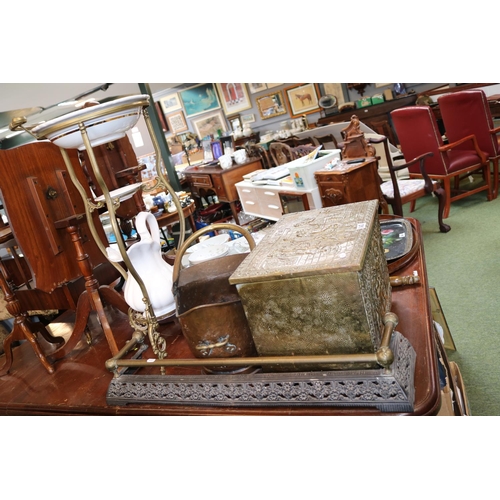 343 - Brass embossed log box, Coal Scuttle, Fire Kerb and a Washstand with ceramics Jug and Bowl