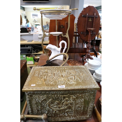 343 - Brass embossed log box, Coal Scuttle, Fire Kerb and a Washstand with ceramics Jug and Bowl