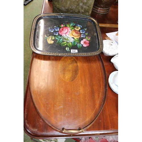 344 - Russian Hand Painted Tray and a Edwardian Oval wooden tray with brass handles