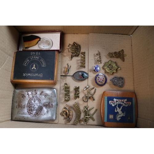 355 - Collection of small militaria inc. Military Cap Badges, Medal and cigarette cases