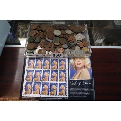 358 - Collection of 19thC and later Coins and a Sheet of Marilyn Monroe Stamps