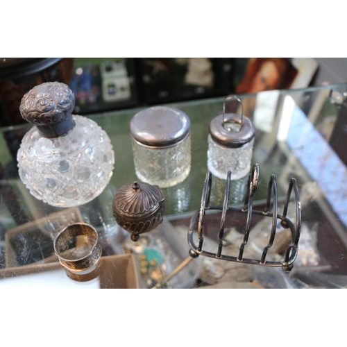 373 - Silver topped Cut glass scent bottle and assorted jars and tableware