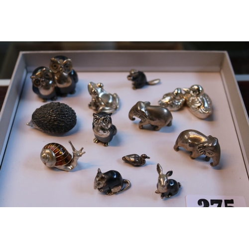 375 - Collection of miniature Silver Animals to include Enamelled Snail, Fog, Ducks etc