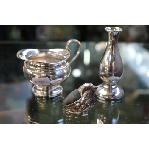 377 - Sterling Silver Bud vase, Planished Silver Cream Jug and a 925 Silver Chick Pin Cushion