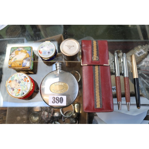 380 - Tray of small collectables to include Enamel pots, Dalvey Spirit Flask, Gucci Glasses case etc