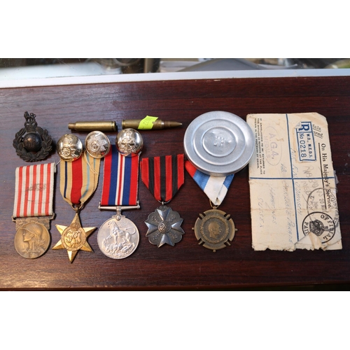 383 - Collection of assorted Military items to include Belgium Civil Bravery Medal, Royal Marines Queens B... 