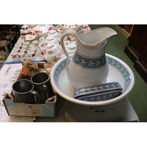 258 - Masons Ironstone, 2 Pewter Tankards with a Victorian Transfer printed Washbowl with jug and brush ho... 