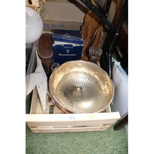 263 - Large Silver plated Monteith punch bowl, Cased Pair of Binoculars and assorted bygones