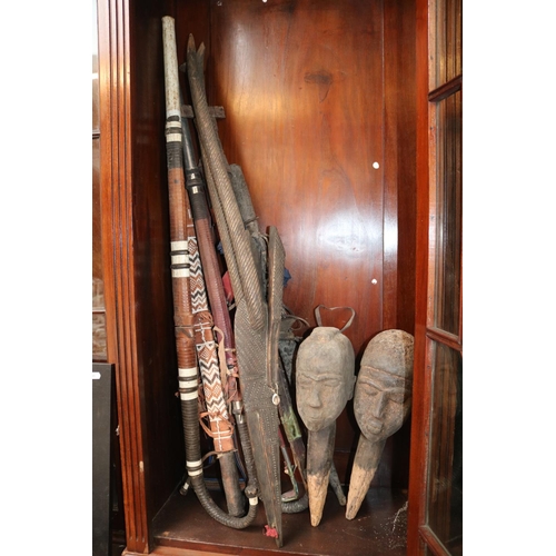 272 - Collection of assorted African Ethnographic Swords, Rifle and a Pair of Hardwood carved heads