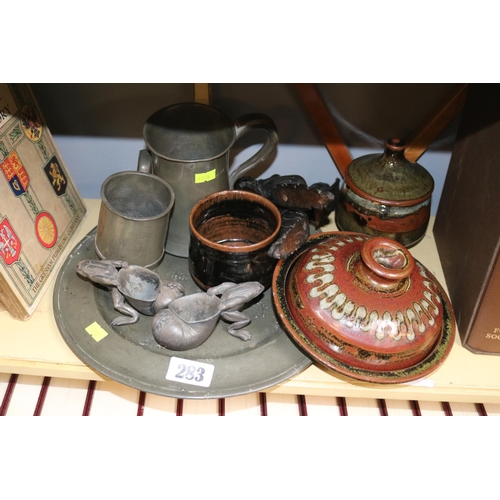 283 - Collection of assorted Bygones to include Pair of Pewter Frog  Salts, Studio Pottery etc