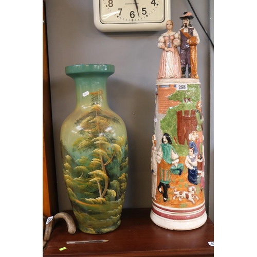 288 - Continental figural decorated cylindrical vase with figural top and a Chinese style floor vase